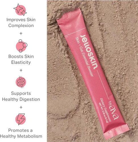 Vista 2 de byAVA Jelloskin Skin + Gut Essential - Polvo de refuerzo prebiótico L-glutamina 1500 mg, vitamina C, zinc, niacinamida 30 porciones Piel