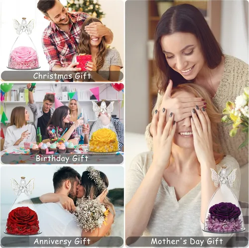 Vista 9 de Regalo de rosa para el día de la madre, rosa real preservada en figura de ángel de cristal grande, regalos de rosas para mujeres, regalo de flores