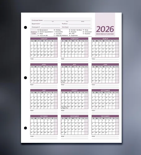 Vista 3 de Calendario de asistencia para tarjetas de empleados 2026, papel de cartulina pesado de 100 libras, 8.5 x 11 pulgadas (morado, 50 hojas)