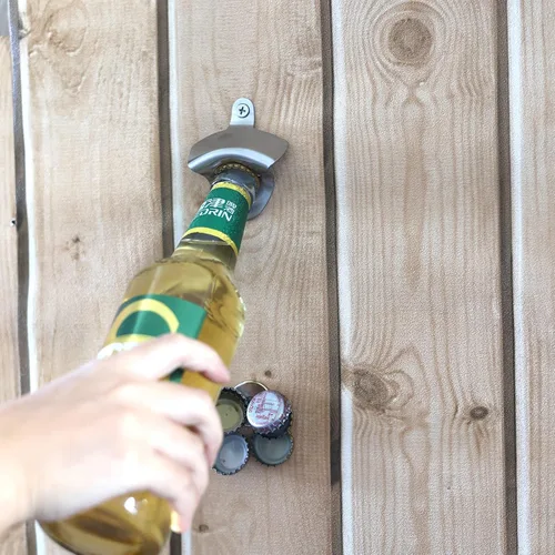 Vista 3 de Abrebotellas de cerveza magnético montado en la pared de acero inoxidable con tapa magnética (plata cepillada)