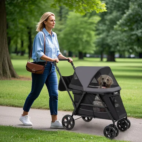 Vista 2 de PETSITE Cochecito para perros de 4 ruedas, cochecito plegable para gatos con entradas dobles, rampa, ventanas de malla, toldo ajustable