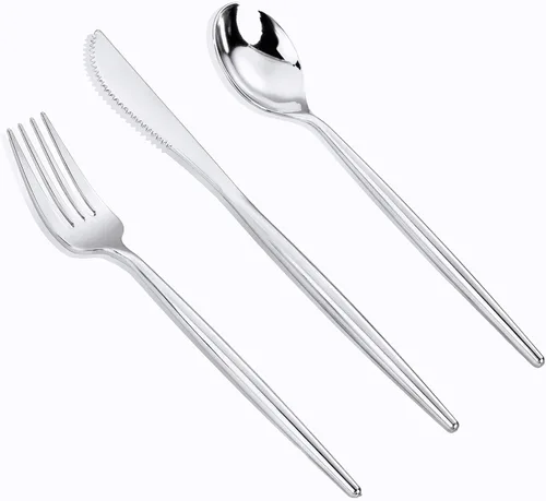 Vista 14 de MirthMood - 36 cubiertos de plástico dorados, cubiertos dorados desechables, utensilios desechables resistentes, juego de cubiertos de plástico