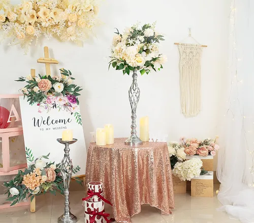 Vista 16 de 2 piezas de centros de mesa de boda para mesas de recepción, soportes de velas retorcidas, adornos, centros de mesa de metal con jarrón de flores