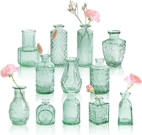 Vista 14 de Juego de 12 jarrones de vidrio ámbar, jarrones de capullo transparentes a granel, mini jarrones para flores, pequeños jarrones de flores