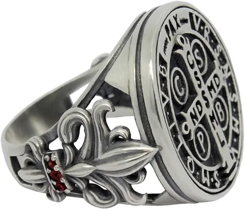 Vista 3 de Anillo de mujer de plata de ley 925 con medalla de San Benito, Fleur de Lis