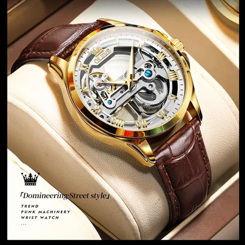 Vista 5 de OLEVS Relojes mecánicos automáticos para hombre, reloj esqueleto, impermeable, correa de cuero marrón, negro, oro rosa, relojes de pulsera
