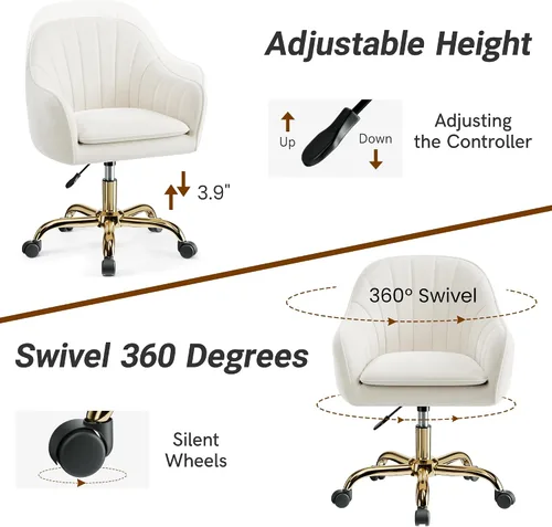 Vista 3 de Silla de oficina de tocador, silla de escritorio giratoria con ruedas, silla de maquillaje tapizada para dormitorio, sala de estar, silla moderna