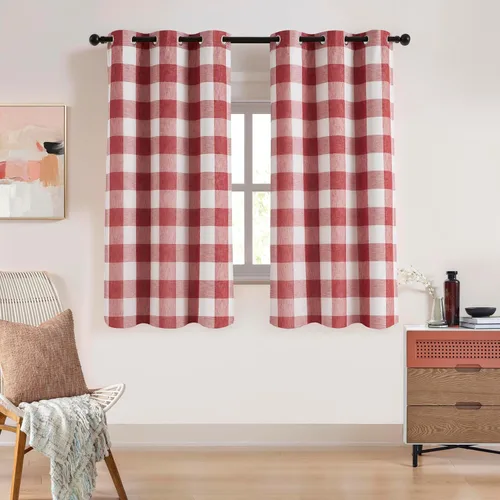 Vista 18 de Cortinas cortas de lino texturizado con diseño de búfalo blanco y negro a cuadros, 100% opacas con forro, paneles de estilo granja