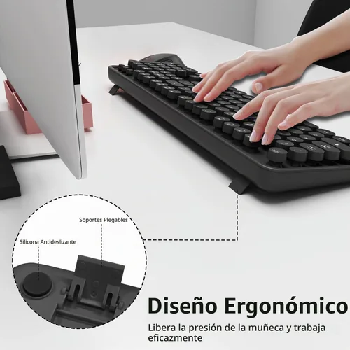 Vista 8 de Combo de teclado y mouse inalámbricos, teclado retro estilo máquina de escribir con teclas redondas, conexión de 2.4 GHz libre de caídas, mouse
