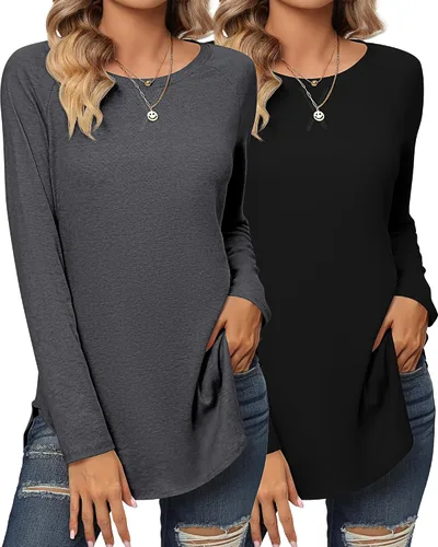 Vista 2 de 2 Pack Women's Long Sleeve Shirts, Loose Fit Crew Neck Tunic Tops Loose Fit Side Split Basic Pullover Tee Shirts