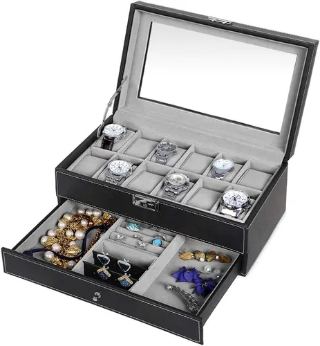 Vista 5 de Maverton Organizador de exhibición de relojes para hombres 12 ranuras Elegante caja personalizada para hombre Estuche para coleccionista Soporte