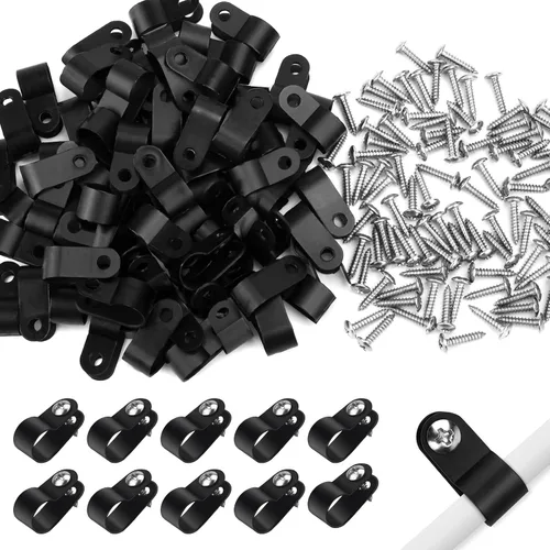 Vista 9 de VIPMOON 100 abrazaderas de cable tipo R de 1/2 pulgada, clips de plástico de nailon con tornillos, sujetadores de cable de montaje para gestión