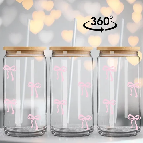 Vista 3 de BIPEDS Coquette Tazas de vidrio lindas con moño rosa y tapas y pajitas, taza de café helado estética, taza de diseño preppy femenino, regalos