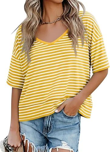 Vista 25 de Cicy Bell Camisetas de verano con cuello en V para mujer, casuales, de manga corta, holgadas, lindas camisetas básicas Caqui