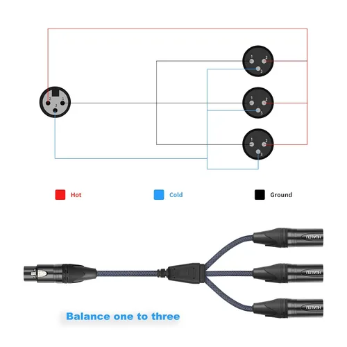 Vista 4 de Cable divisor en Y de 3 pines XLR hembra a 3 machos, cable divisor XLR de 3 vías, equilibrio de 1 hembra a 3 macho, cable de audio para micrófono