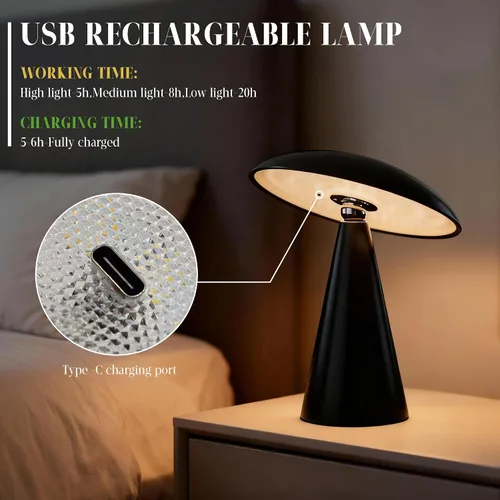 Vista 6 de Linda lámpara estética de hongos, moderna lámpara magnética de mediados de siglo con iluminación de 3 modos para decoración única de hongos del Negro