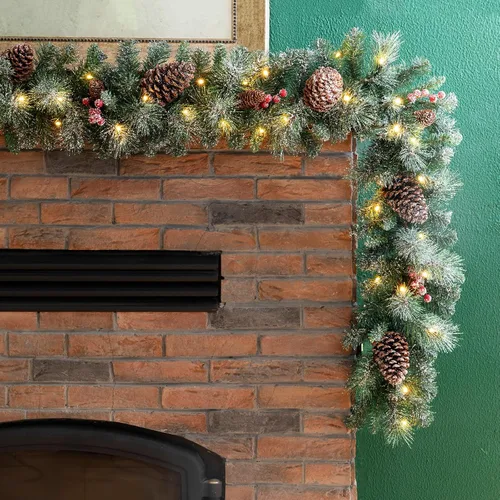 Vista 11 de Glitzhome - Guirnalda de Navidad de 9 pies con luces, guirnalda de Navidad para repisa, guirnalda de Navidad artificial preiluminada con conos