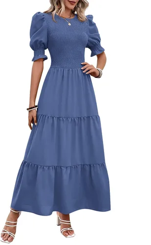 Vista 97 de BTFBM Vestidos para mujer, cuello redondo, casual, de verano, con volantes, manga corta, bohemio, con niveles, fruncido, largo, con estampado floral