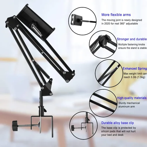 Vista 8 de Soporte para tablet ajustable, soporte plegable para cama, soporte universal flexible de aluminio para tableta con rotación de 360 grados
