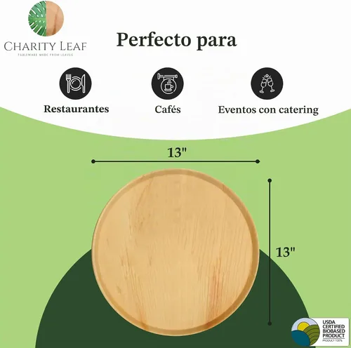 Vista 3 de Bandejas planas redondas de bambú desechables de 13 pulgadas (10 piezas) de bambú para servir, tableros desechables, vajilla ecológica para bodas