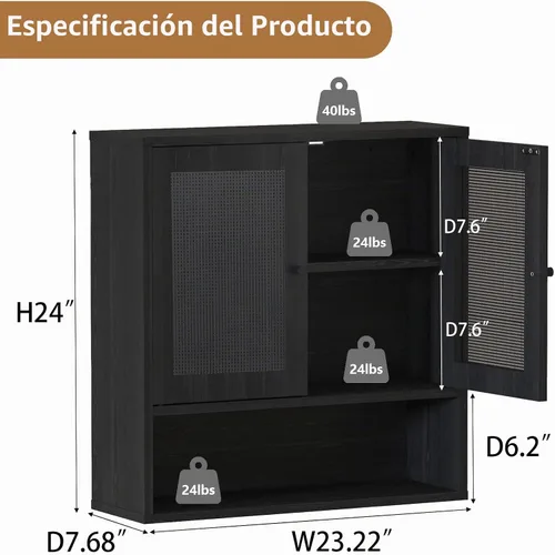 Vista 3 de Gabinete de pared del cuarto de baño, botiquín de la rota montado Ratán negro