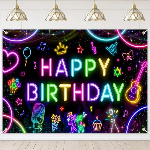 Vista 7 de Mocsicka Pancarta de fondo de neón de cumpleaños que brilla en la oscuridad, decoración de fiesta de cumpleaños, fondo de fotos (6 x 3.6 pies)