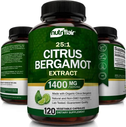 Vista 4 de NutriFlair Bergamota cítrica orgánica de 1400 mg, 120 cápsulas – Bergamia 25:1 – Aceite esencial y bioflavonoides cítricos – Suplementos naturales