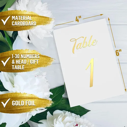 Vista 3 de Números de mesa dorados del 1 al 30 con 30 soportes dorados para números de mesa