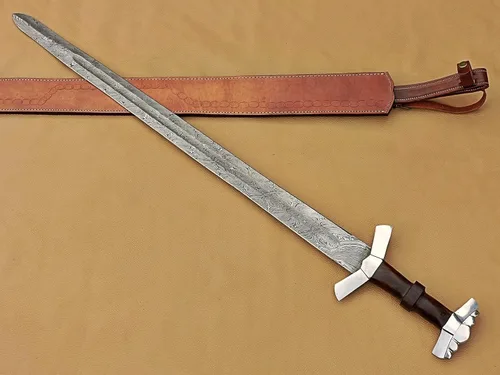 Vista 2 de Espada vikinga de acero de Damasco hecha a mano con mango de madera de rosa Espada medieval con vaina.