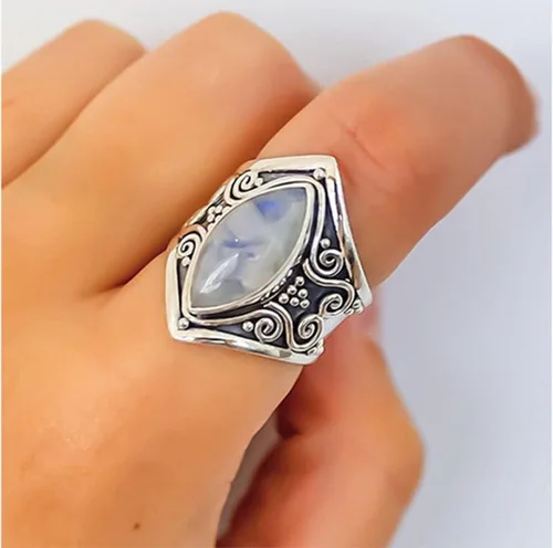Vista 4 de Anillo de plata vintage de plata de ley 925 con piedra lunar natural para mujer, elegante anillo de boda con piedras preciosas, 6, Plata, Piedra