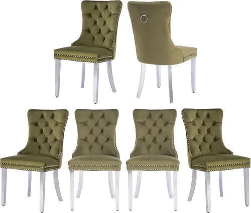 Vista 49 de Juego de 2 sillas de comedor de terciopelo, sillas de comedor tapizadas con tirador de anillo trasero, ribete de cabeza de clavo y patas doradas