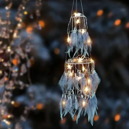 Vista 6 de Dremisland Atrapasueños de Plumas Blancas de Doble Círculo con Luces LED de Hadas Móviles, Adornos Colgantes de Pared, Decoración de Techo