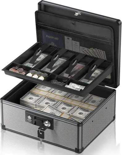 Vista 9 de Caja de Efectivo con Cerradura con Bandeja para Dinero y Llave, Caja Fuerte Segura para Efectivo, Caja de Dinero Portátil con Espacios