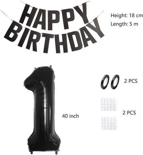Vista 5 de Juego de decoraciones de fiesta de cumpleaños número 15 para niñas, niños, mujeres y hombres, pancarta negra con letras de feliz cumpleaños