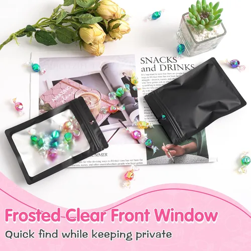 Vista 4 de FUNFERY - Paquete de 100 bolsas resellables de Mylar con ventana transparente esmerilada, bolsa con cremallera a prueba de olores