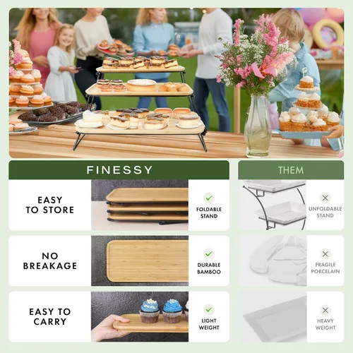 Vista 2 de FINESSY - Bandejas de servir de tres niveles para fiestas, platos de bambú