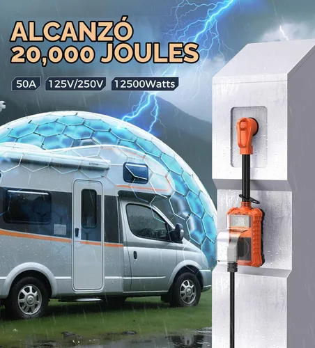 Vista 2 de Protector de sobretensiones RV de 50 amperios, analizador de circuito RV de 20000J con cubierta impermeable, pantalla LED, adaptador de enchufe RV