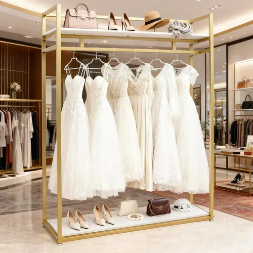 Vista 6 de Estante de ropa de 71 pulgadas con estantes, estante para vestidos de boda, estante de exhibición de ropa al por menor, resistente comercial