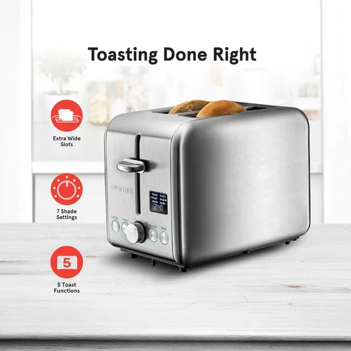Vista 2 de Gourmia Tostadora digital – Capacidad de 2 rebanadas con pantalla LED, 5 funciones de tostado (pan, bagel, gofre, pastelería, magdalena inglesa), 7