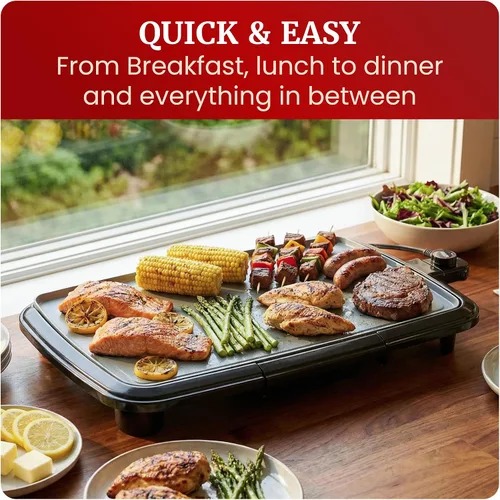 Vista 6 de Elite Gourmet Plancha eléctrica de 10 x 20 pulgadas, superficie antiadherente Ceralast™ de cerámica grande sin PFAS, asas de tacto frío, termostato