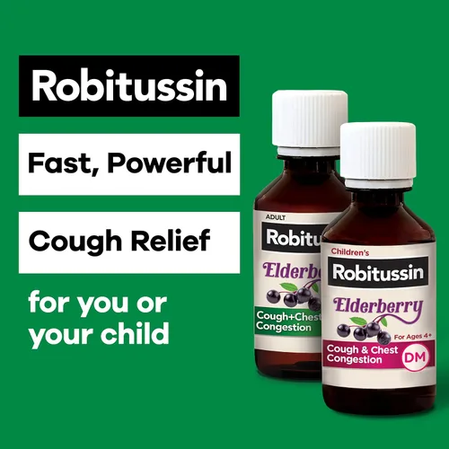 Vista 6 de Robitussin Medicamento DM para la tos y la congestión torácica de baya de saúco de máxima fuerza para adultos, líquido para aliviar la congestión