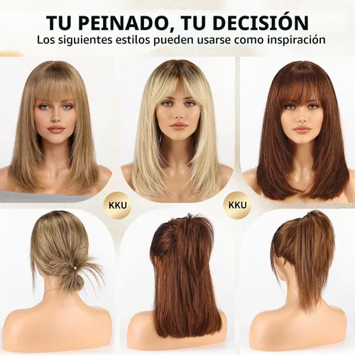 Vista 5 de KKU Pelucas de cabello humano de 16 pulgadas para mujer, peluca de cabello lacio en capas con flequillo, realismo natural, pelucas de cabello real