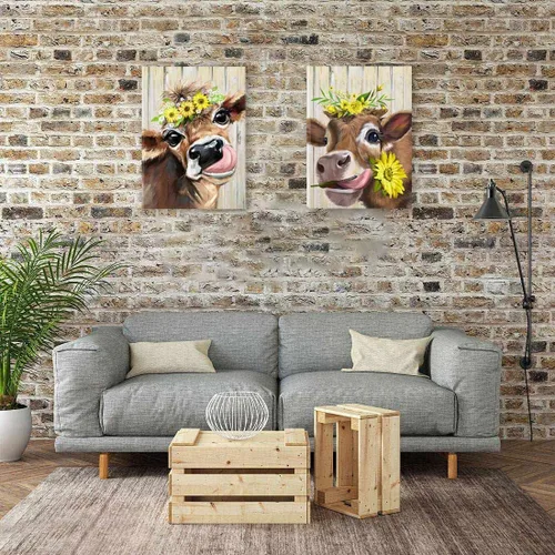 Vista 6 de Lienzo decorativo para pared, 2 piezas de vaca campestre con flores, girasol, lienzo, cuadros, rústico, lindo y humorístico, estampado de vaca
