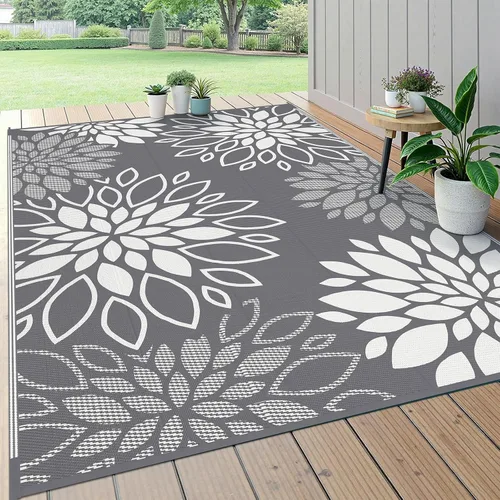 Vista 17 de HEBE Alfombra impermeable para exteriores de 5 x 8 pies para patios, alfombra de paja de plástico reversible floral, alfombra de patio, alfombra