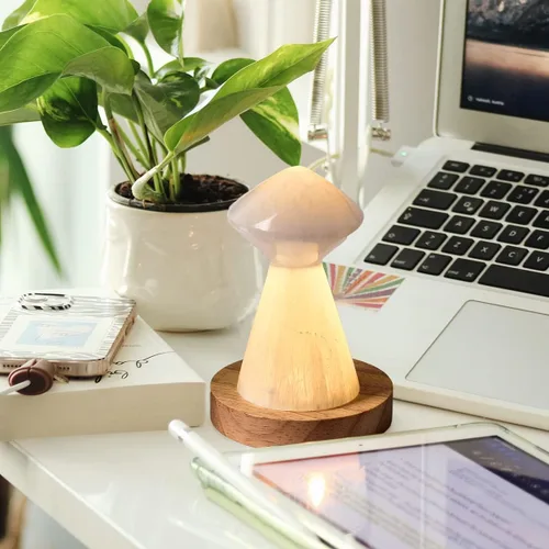 Vista 6 de JIC Gem Lámpara de selenita USB con forma de hongo blanco, pequeña lámpara de cristal de selenita de 3,1 pulgadas con base de soporte de luz