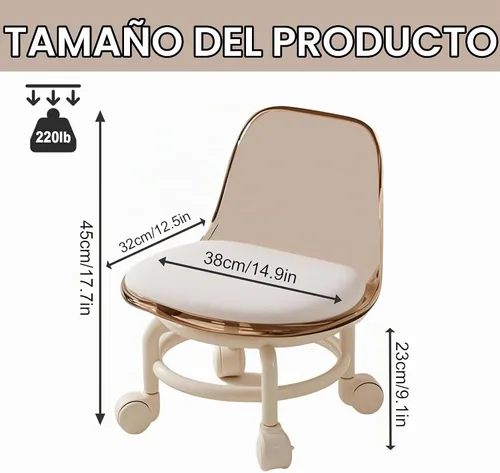 Vista 3 de Silla de polea de acrílico, taburete bajo con polea de respaldo, taburete ergonómico bajo para limpieza del hogar, taburetes de oficina, lavandería