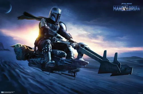 Vista 7 de Star Wars: The Mandalorian - Póster de pared Grogu Sunset Speeder, 34 pulgadas de largo x 22.4 W, versión premium sin marco