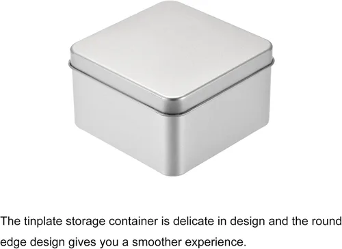 Vista 3 de uxcell Caja de Lata de Metal, 3.54" x 3.54" x 2.17" Recipientes Rectangulares Vacíos de Hojalata con Tapas, Tono Plateado, para Organizador