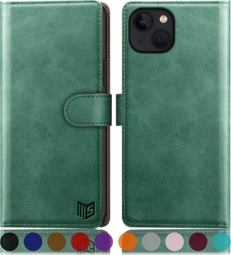 Vista 14 de SUANPOT Funda tipo cartera para iPhone 14 Plus de 6.7 pulgadas con bloqueo RFID, tarjetero de crédito, funda protectora de piel sintética con tapa