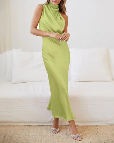Vista 5 de BTFBM - Vestido largo de fiesta sin mangas para mujer, cuello alto falso, abertura de cerradura, cintura alta y elástica, para invitadas de boda